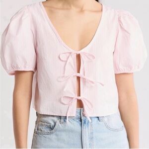Abound Light Pink White Pinstripe Tie-Front Puff Sleeve Crop Top 100% cotton